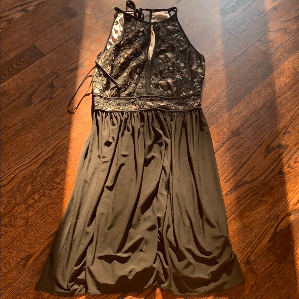 Morgan & Co. Black Midi Dress with Lace Top Detail